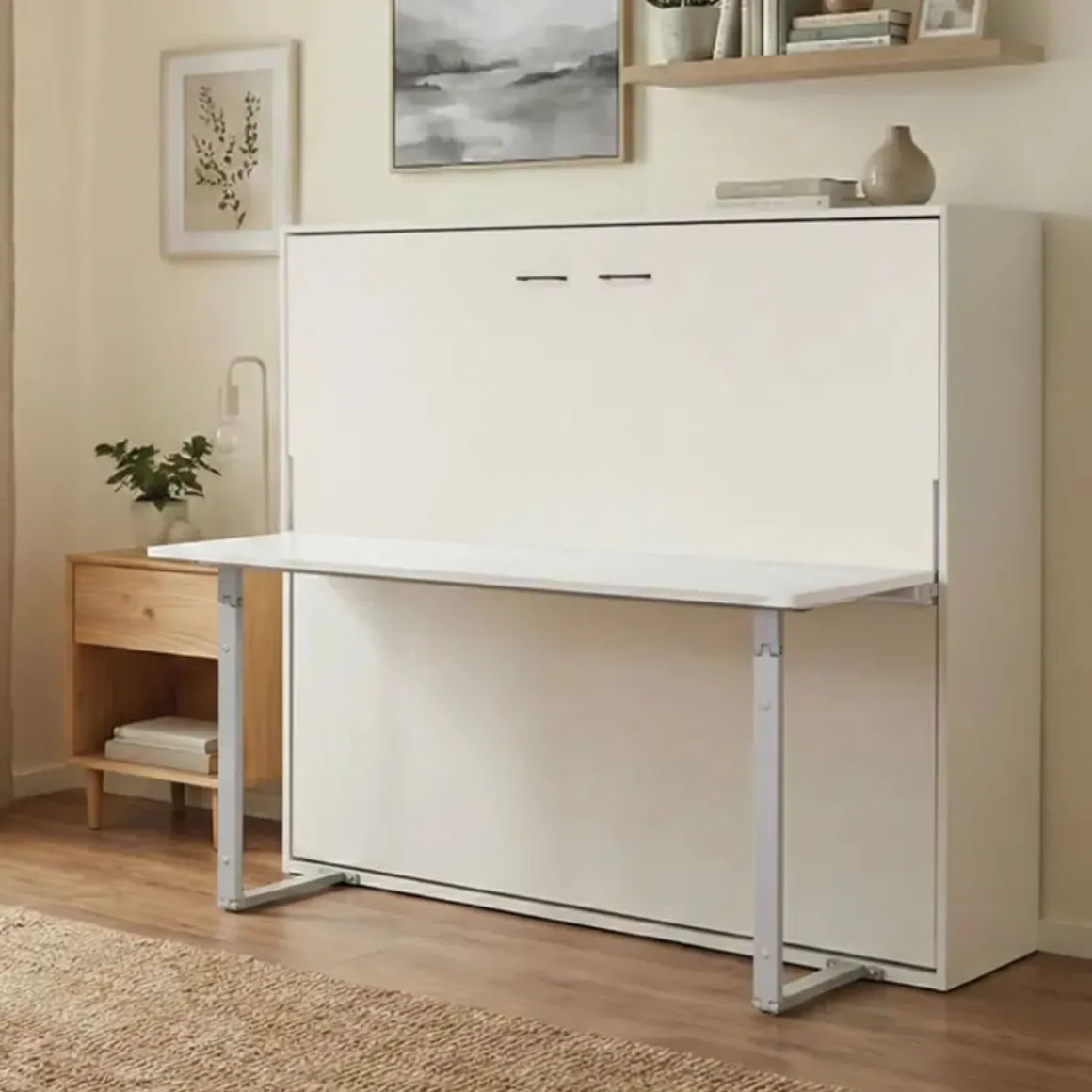 Cama abatible horizontal Matt con escritorio y somier blanco 135x190 cm