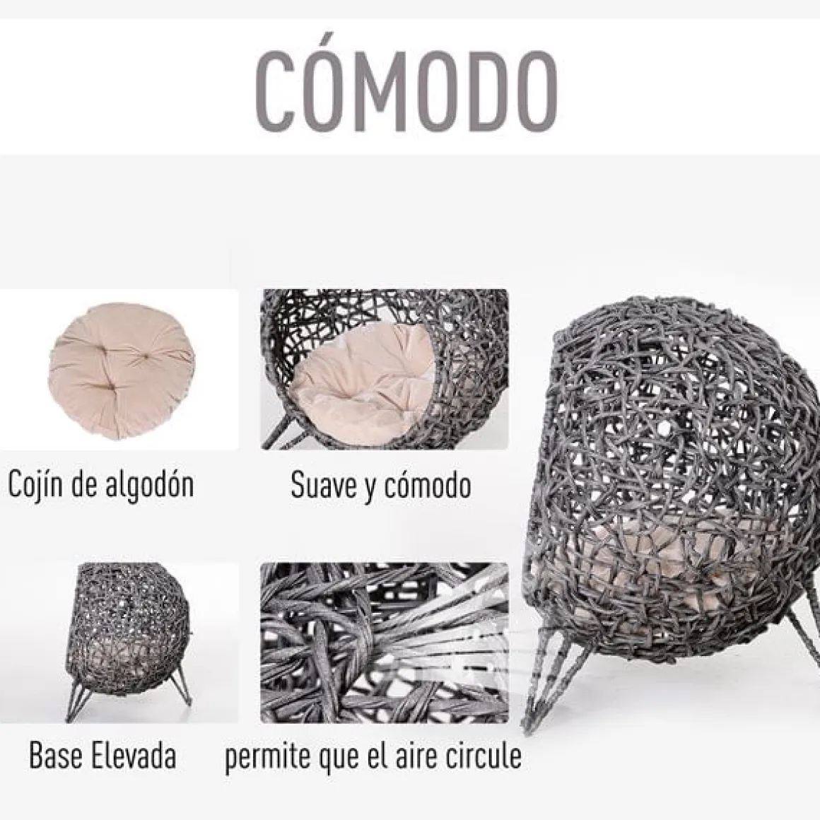 Cama cueva para gatos PawHut de ratán con cojín