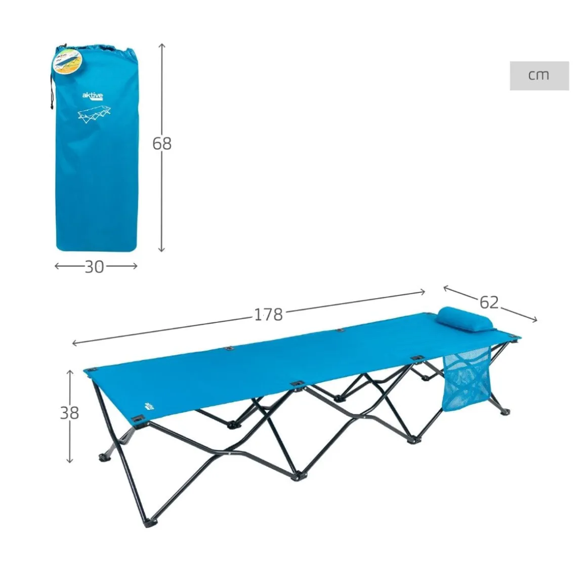 Cama de camping Aktive plegable + bolsa de transporte azul 38x62x178 cm