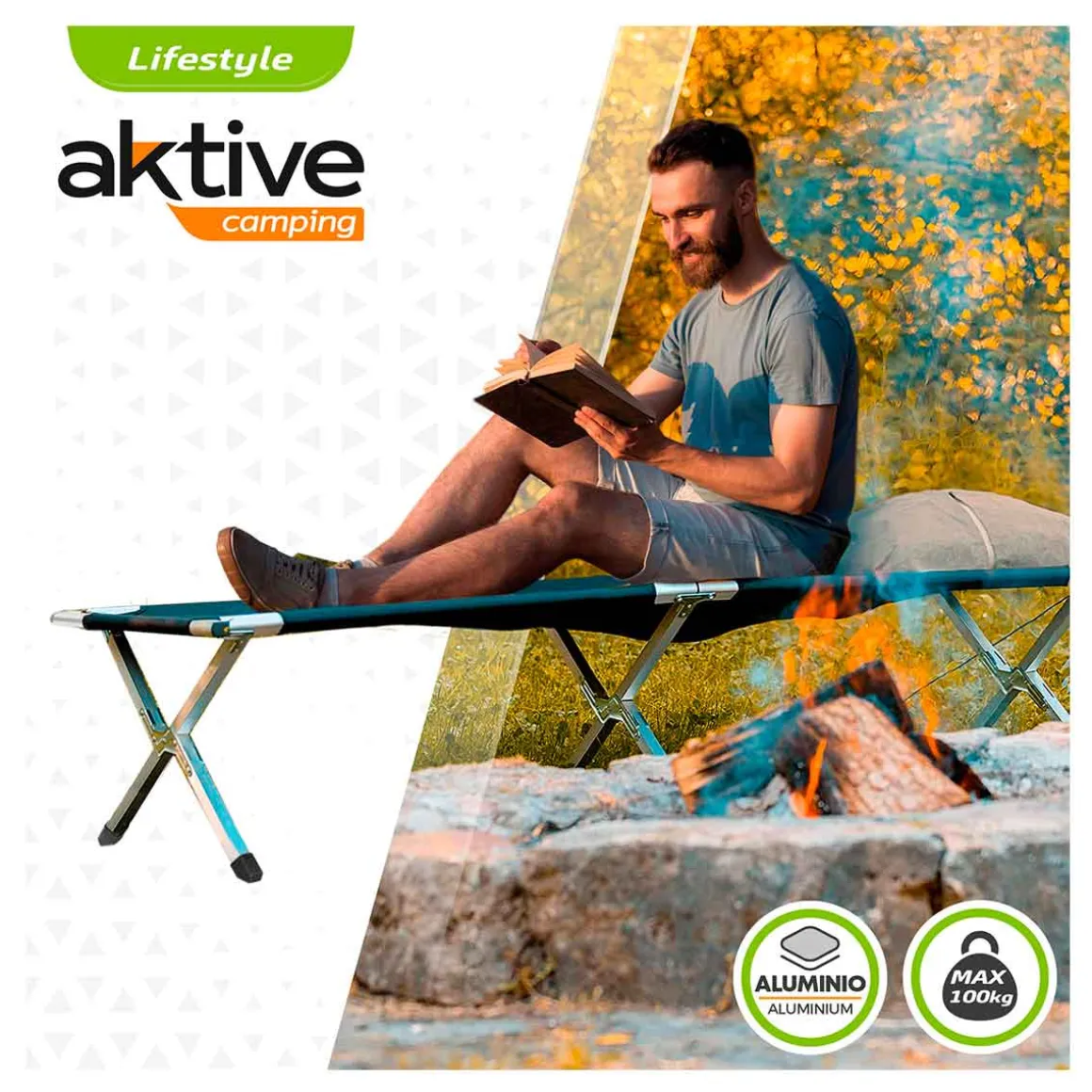 Cama de camping Aktive plegable 100kg negro 42x190x64 cm
