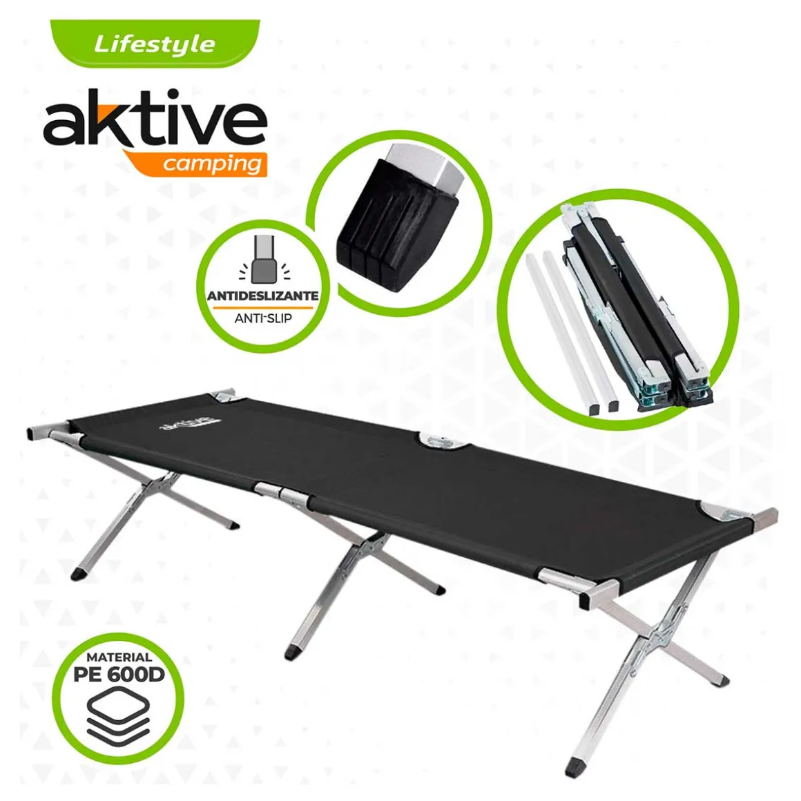 Cama de camping Aktive plegable 100kg negro 42x190x64 cm