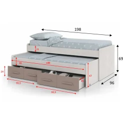 Cama doble Ares Plus 2 camas + 2 cajones gris 69x198x96 cm