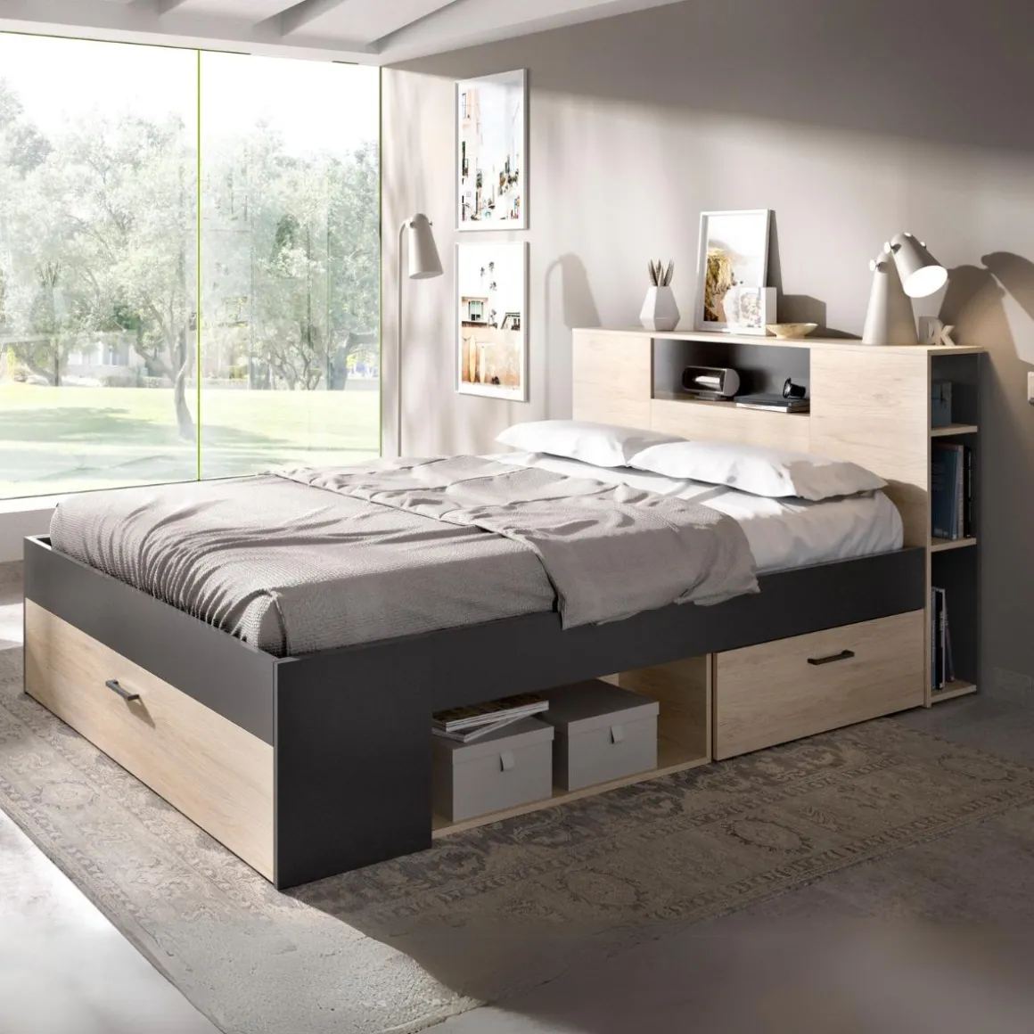 Cama Lanka cabecero estantería 95x147x219 cm