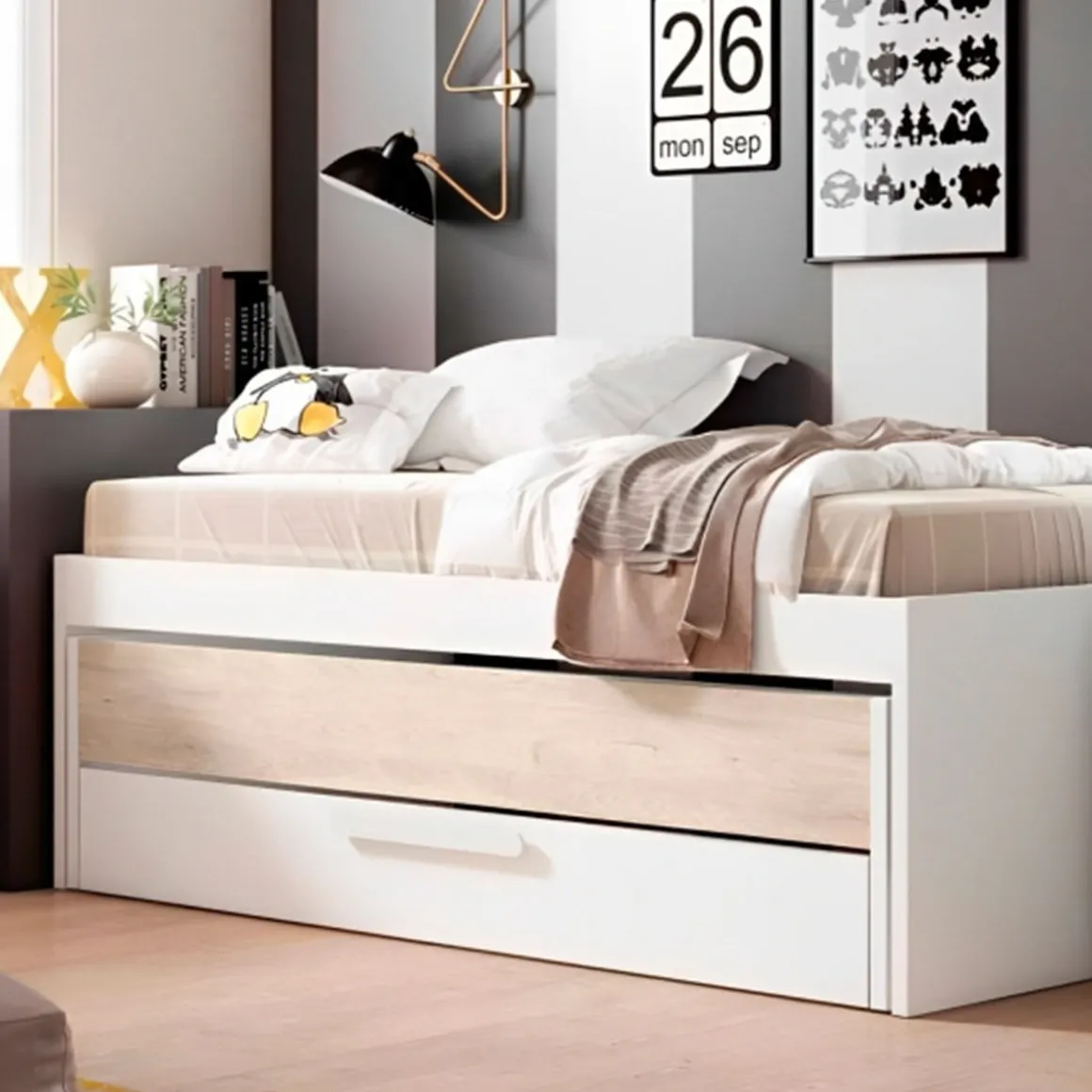 Cama nido Estelle cajón extraíble blanco mate/sahara 62x212x98 cm