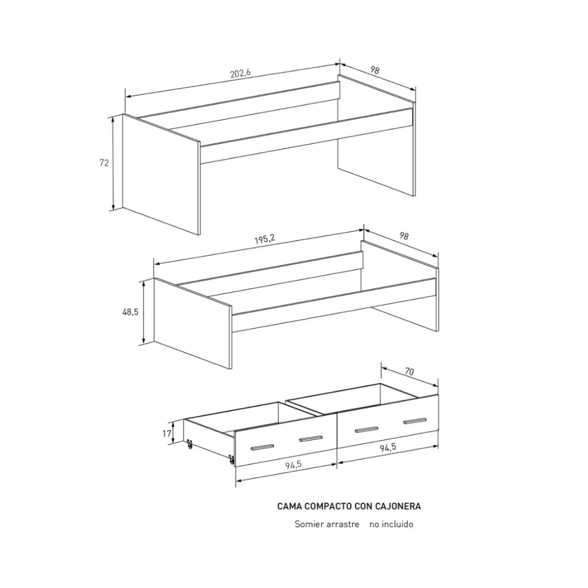 Cama nido New Aura con 2 cajones 72x202,6x98 cm