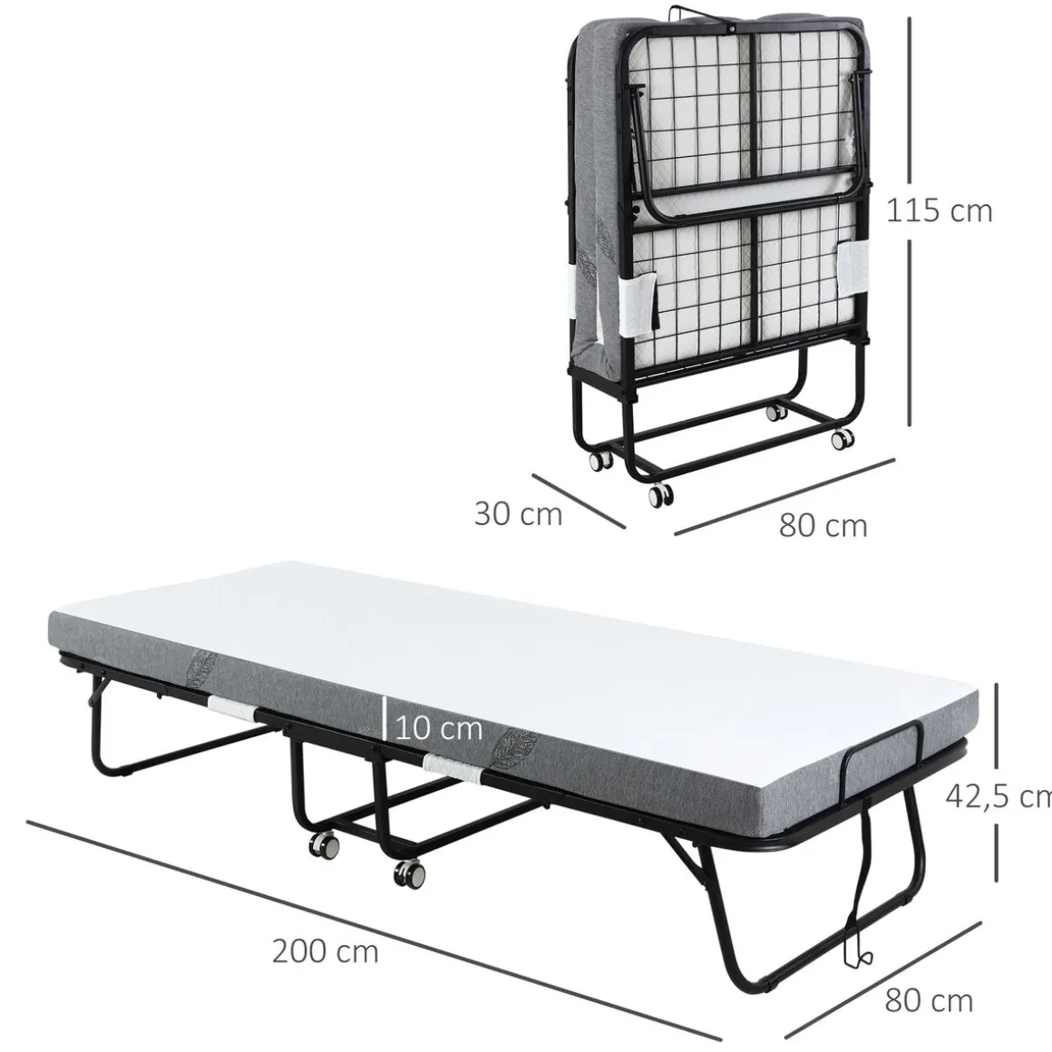 Cama plegable Rilo Homcom portátil con colchón blanco 42,5x200x80 cm