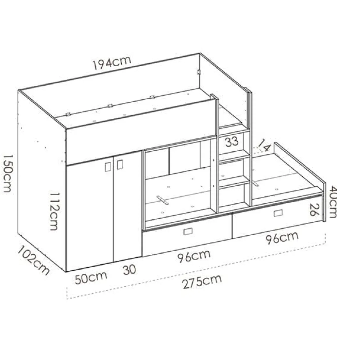 Cama tren Matt 2 camas con armario y 2 cajones 150x275x108 cm