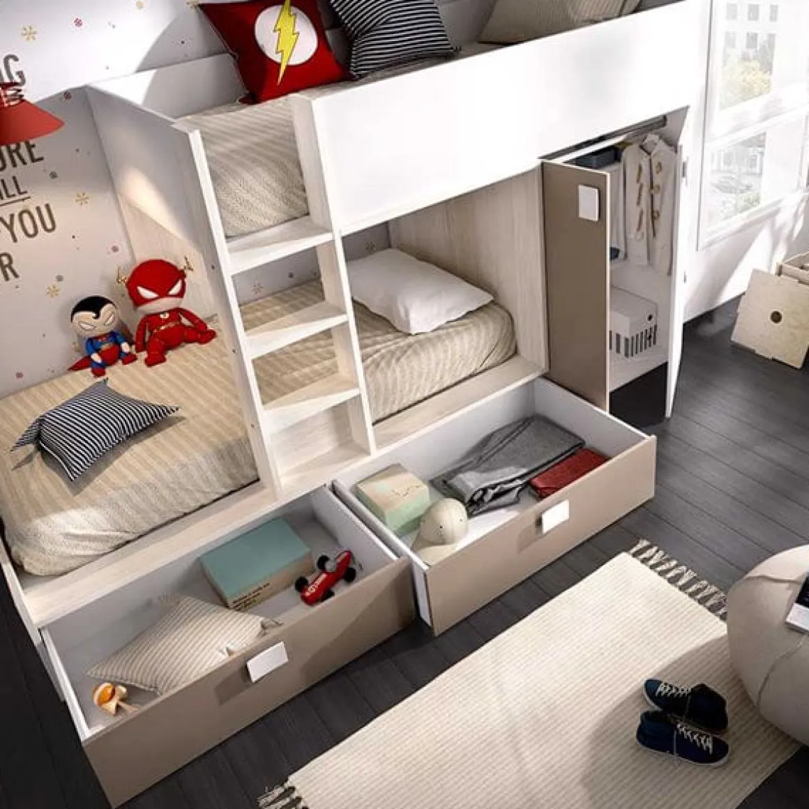 Cama tren Matt 2 camas con armario y 2 cajones 150x275x108 cm