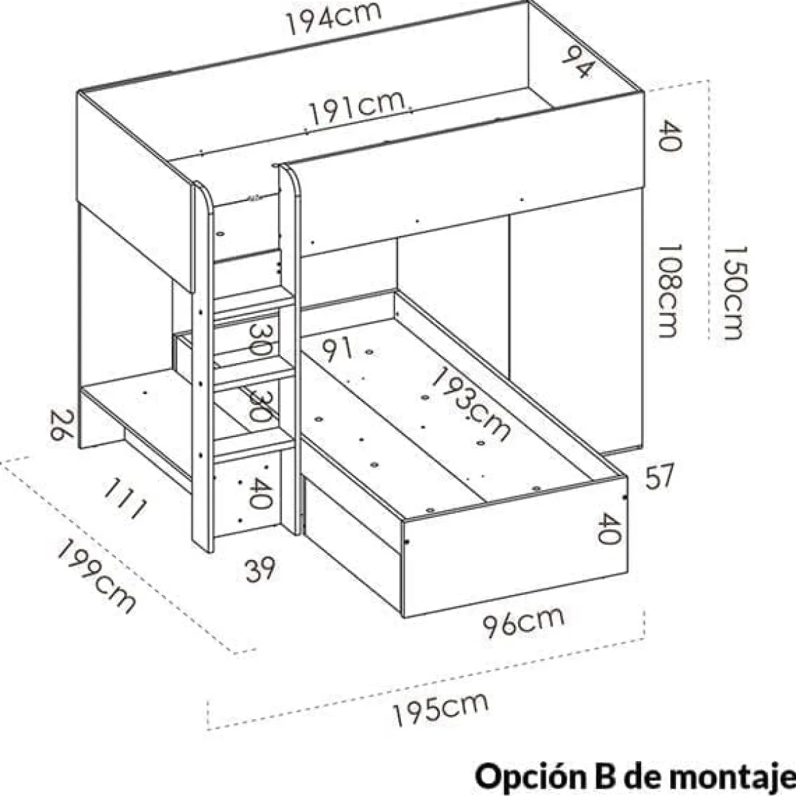 Cama tren Move con 2 camas y 2 opciones de montaje 150x255x112 cm