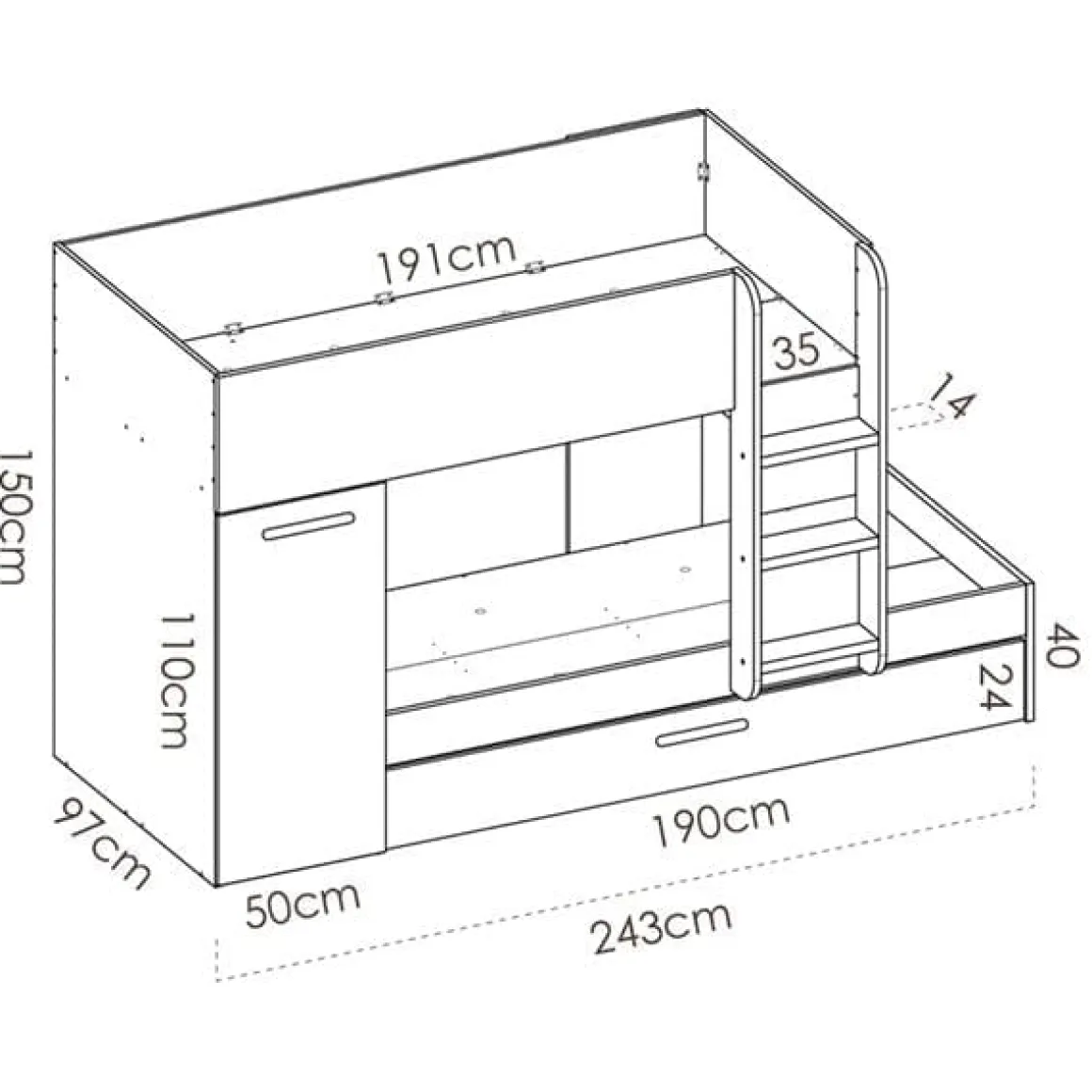 Cama tren Tom 3 camas con armario 150x244x112 cm