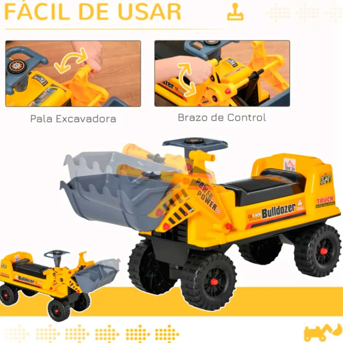 Camión correpasillos Homcom con pala excavadora +2A amarillo 37x26x70 cm