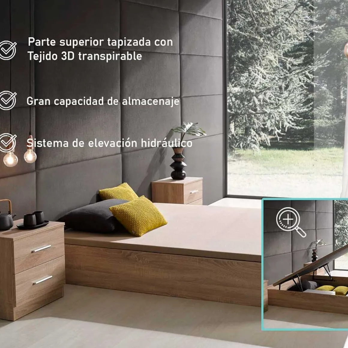 Canapé Delia XL elevable tapizado 3D 22 mm 39 cm - Montaje incluido