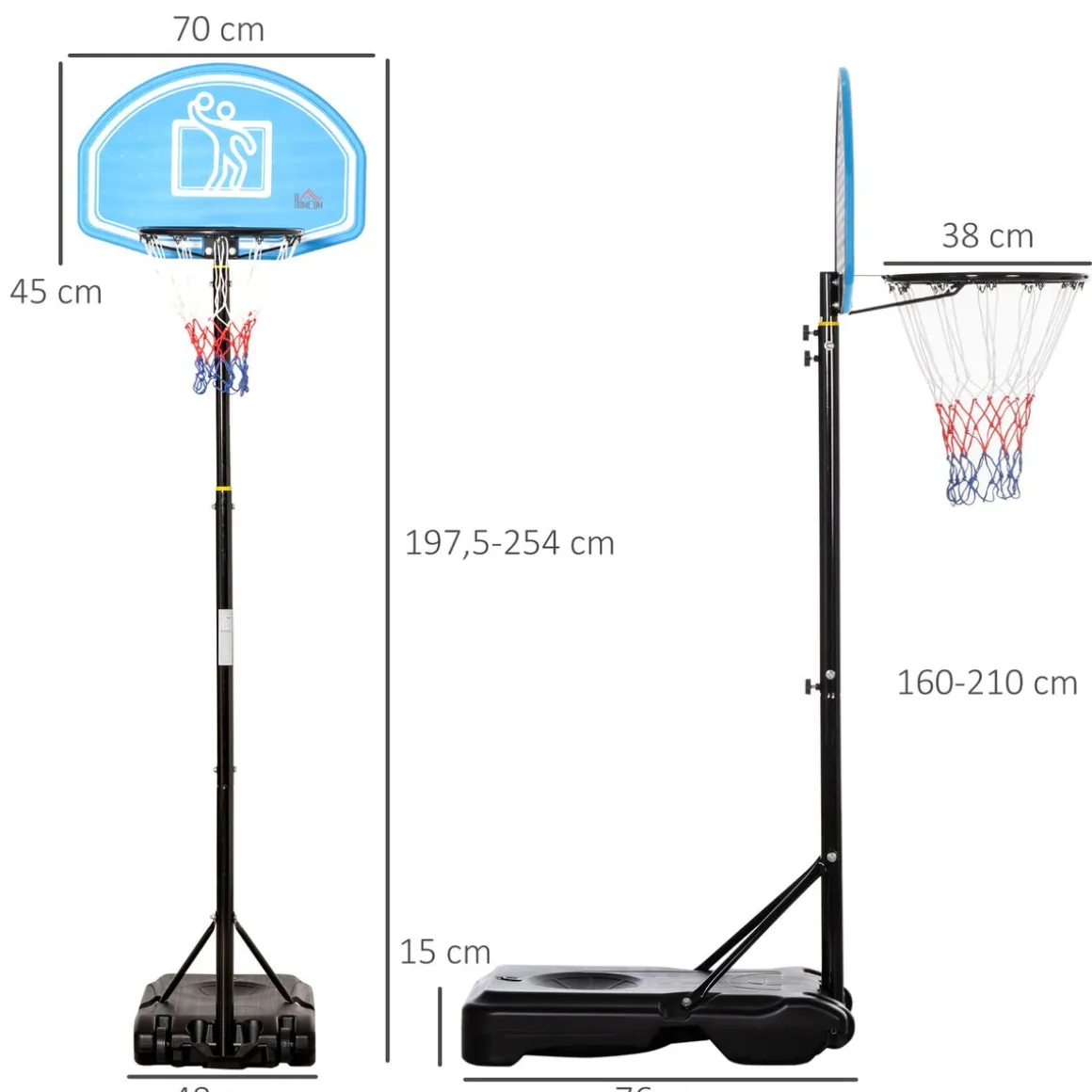 Canasta de baloncesto Gasol Homcom base rellenable + ruedas negro/azul 197,5-254x70x76 cm