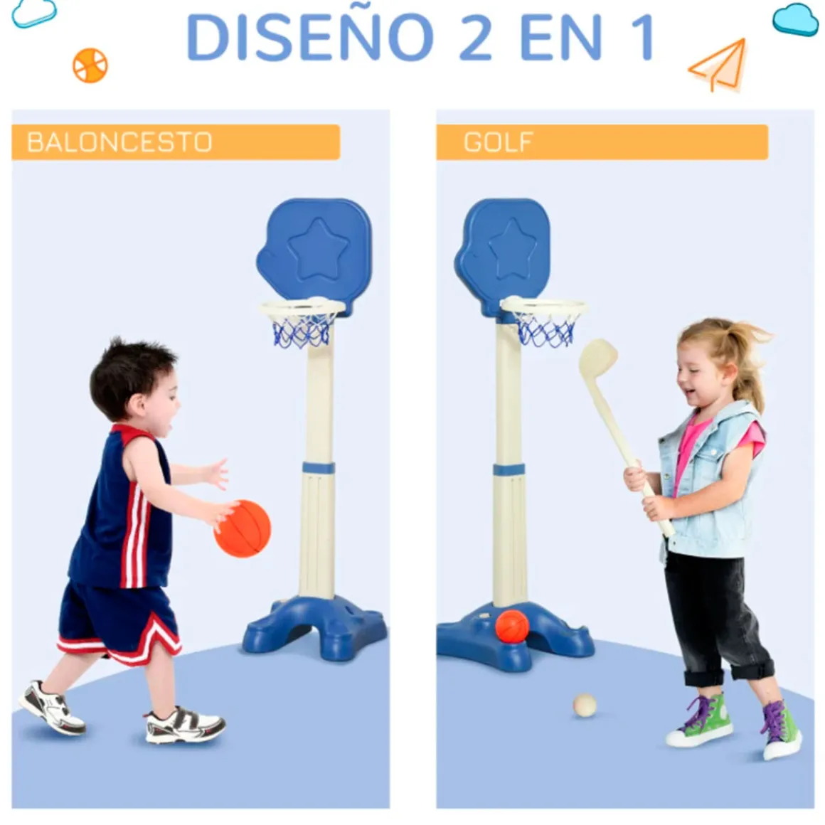 Canasta de baloncesto Homcom 2 en 1 con altura ajustable +2A blanco/azul 116/153x41x46 cm