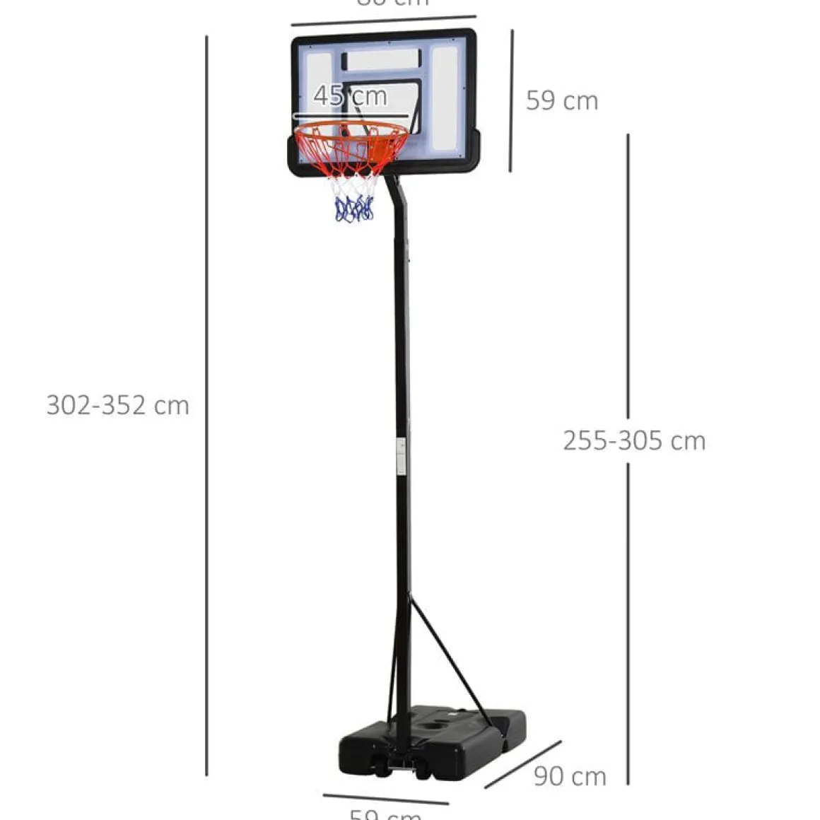 Canasta de baloncesto Homcom con soporte negro 302-352 x 86 x 90 cm