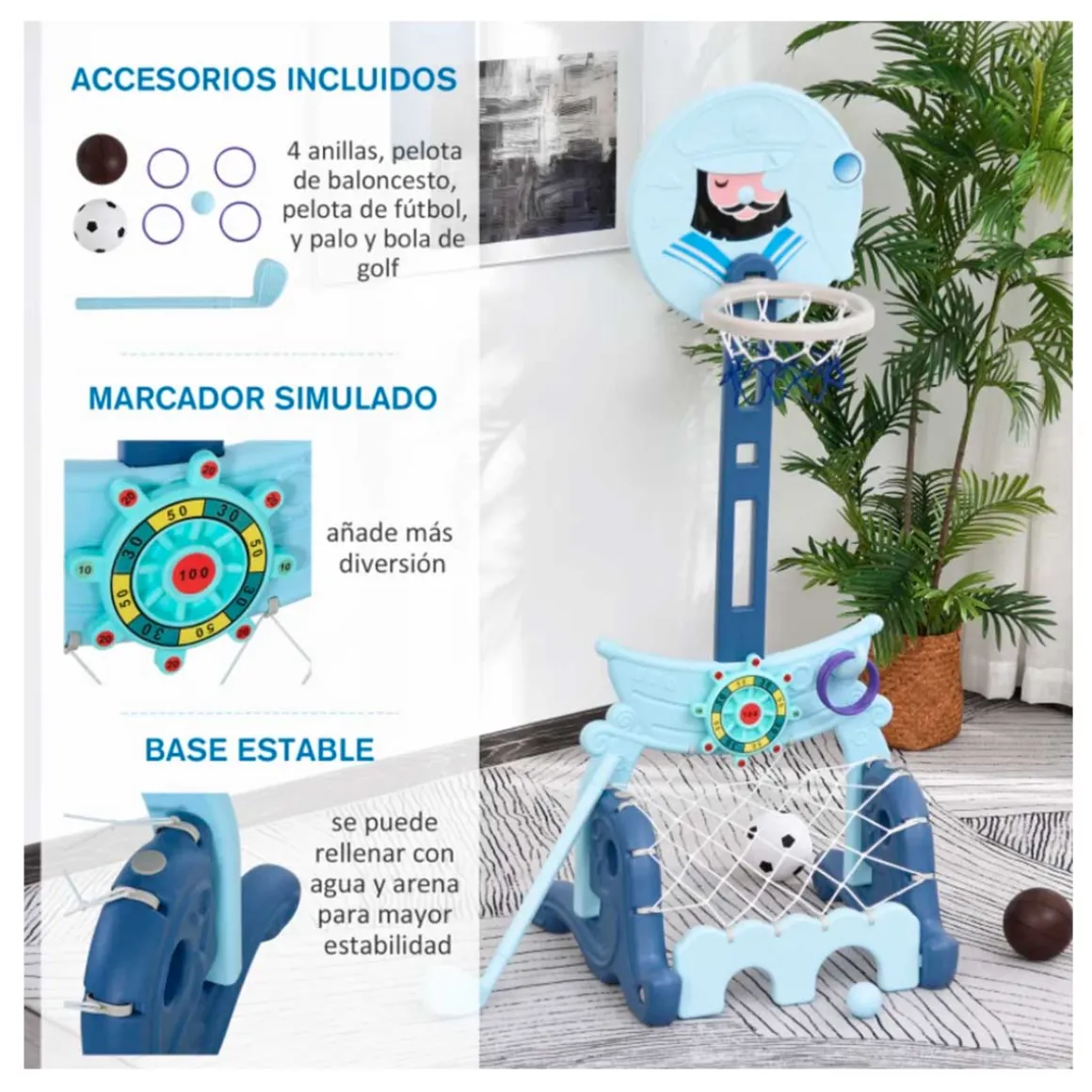 Canasta de baloncesto Homcom 4 en 1 regulable +3A azul 154x58x56 cm