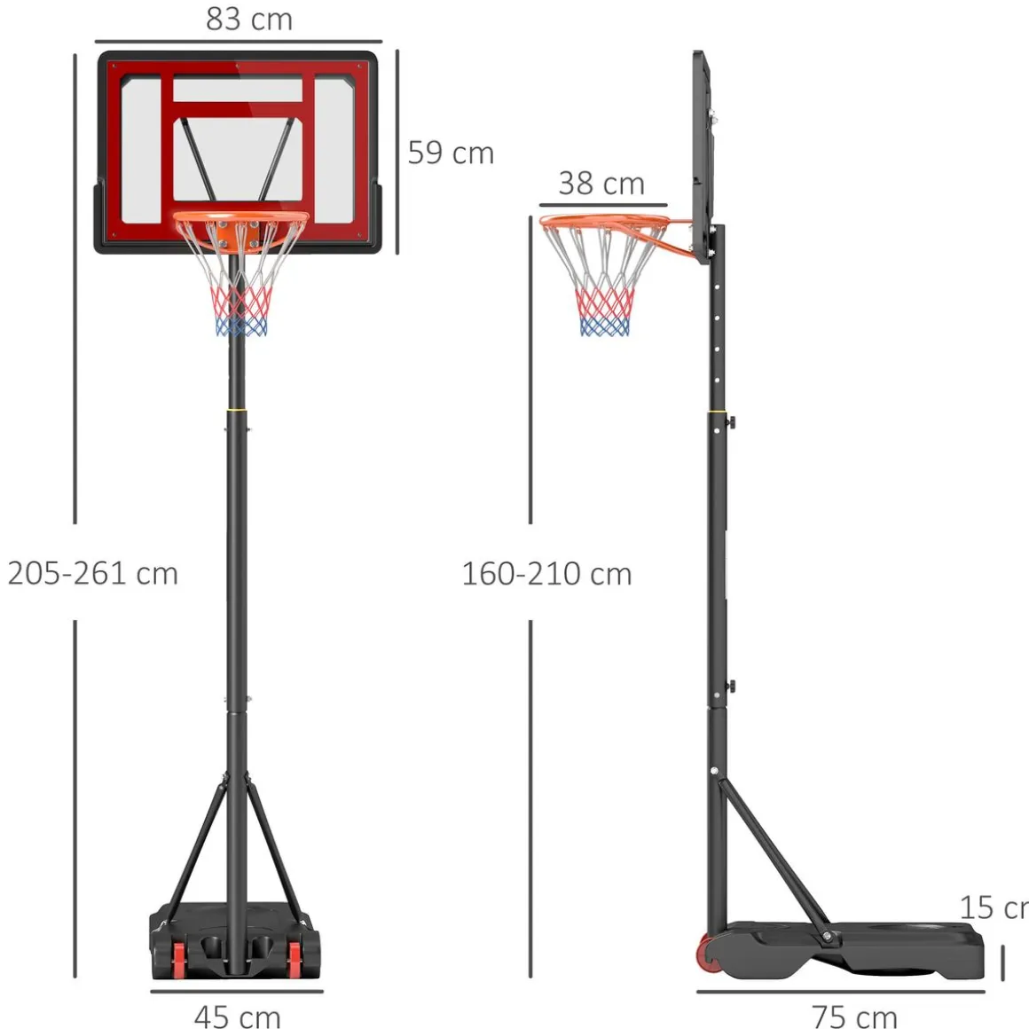 Canasta de baloncesto Jordan Homcom altura ajustable + base rellenable + ruedas rojo/negro 205-261x83x75 cm