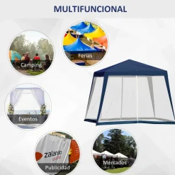 Carpa de jardín Balik Outsunny con mosquitera azul 3x3 m