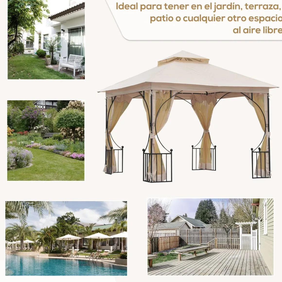 Carpa de jardín Cenja Outsunny 4 cortinas doble techo beige 3x3 m