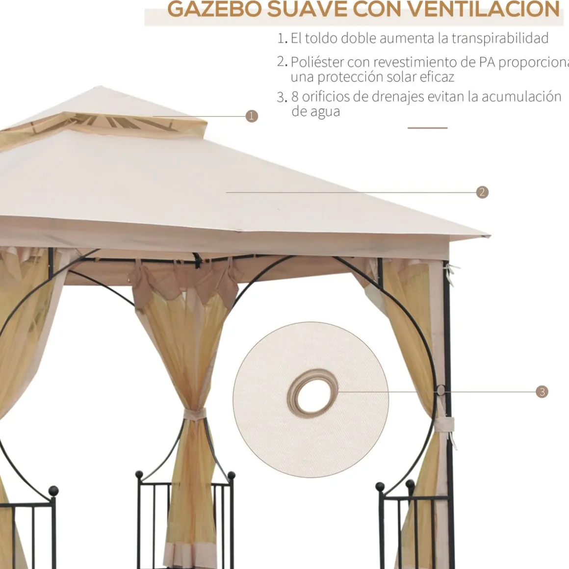 Carpa de jardín Cenja Outsunny 4 cortinas doble techo beige 3x3 m