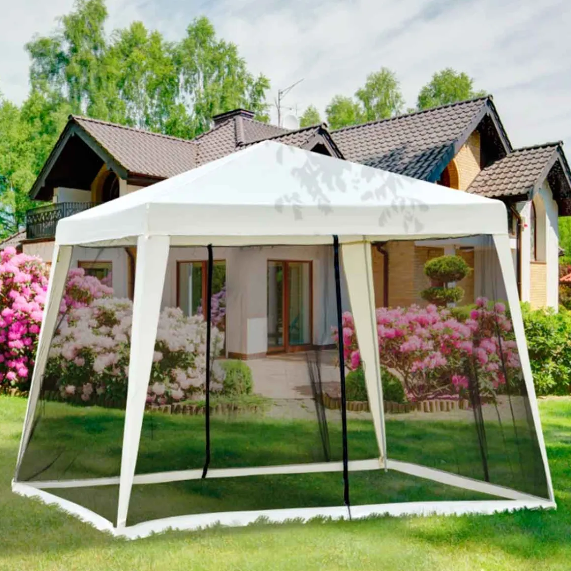Carpa de jardín Outsunny con mosquitera y cremalleras beige 245x300x300 cm