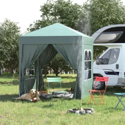 Carpa Outsunny 2 ventanas+2 puertas con cremallera plegable verde 2x2 m