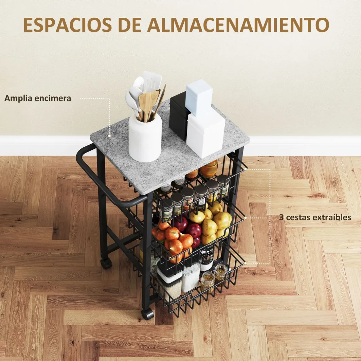 Carrito auxiliar Banana Homcom 3 cestas + ruedas negro 69x49,5x31 cm
