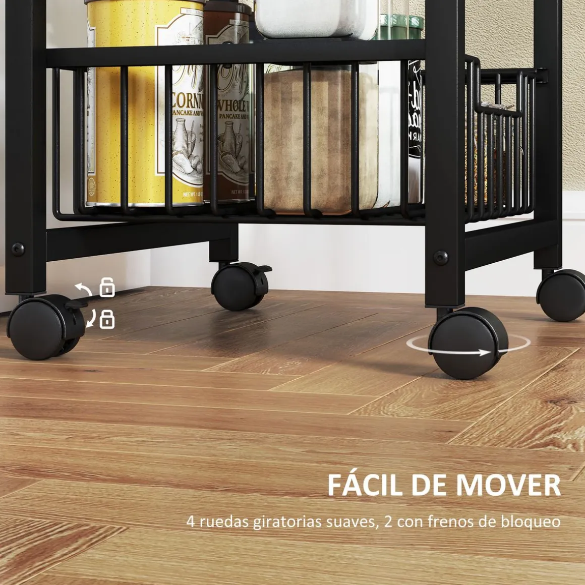 Carrito auxiliar Banana Homcom 3 cestas + ruedas negro 69x49,5x31 cm
