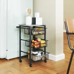 Carrito auxiliar Banana Homcom 3 cestas + ruedas negro 69x49,5x31 cm