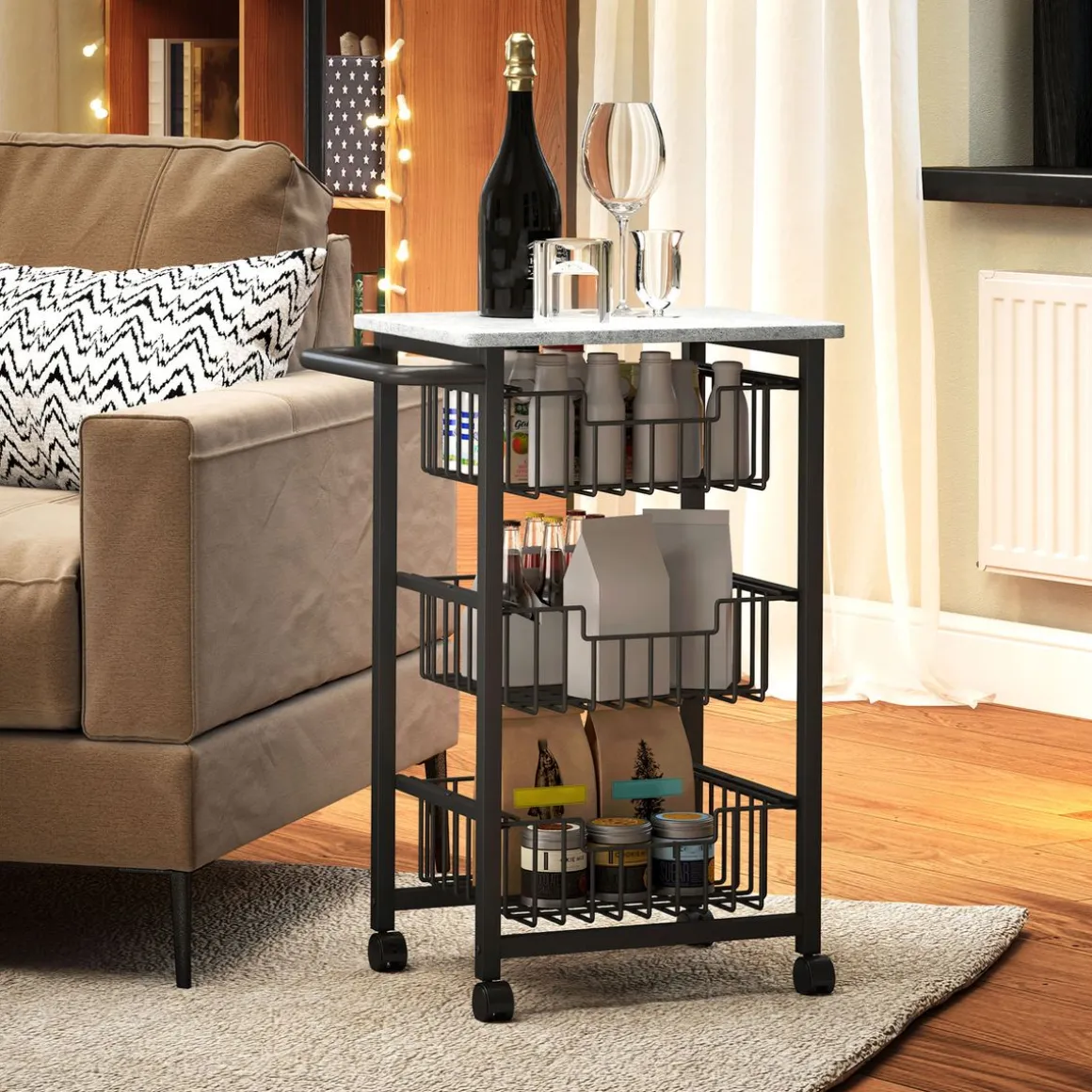 Carrito auxiliar Banana Homcom 3 cestas + ruedas negro 69x49,5x31 cm