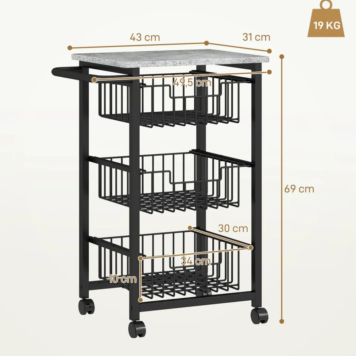 Carrito auxiliar Banana Homcom 3 cestas + ruedas negro 69x49,5x31 cm