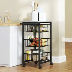 Carrito auxiliar Banana Homcom 3 cestas + ruedas negro 69x49,5x31 cm