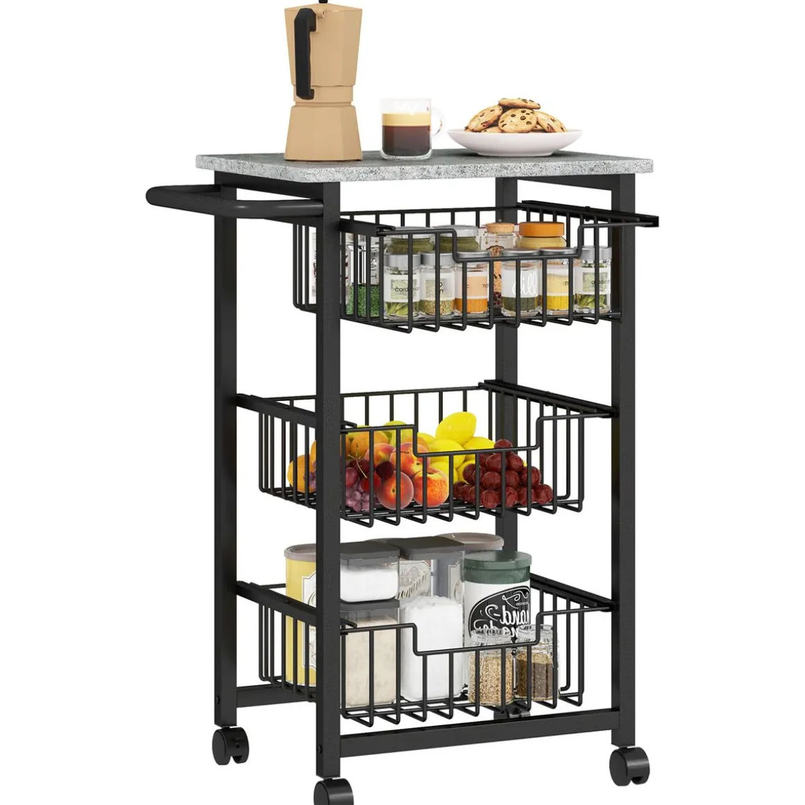 Carrito auxiliar Banana Homcom 3 cestas + ruedas negro 69x49,5x31 cm