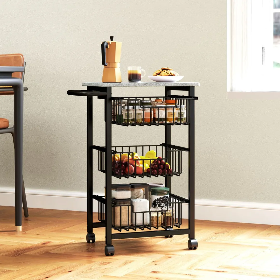Carrito auxiliar Banana Homcom 3 cestas + ruedas negro 69x49,5x31 cm
