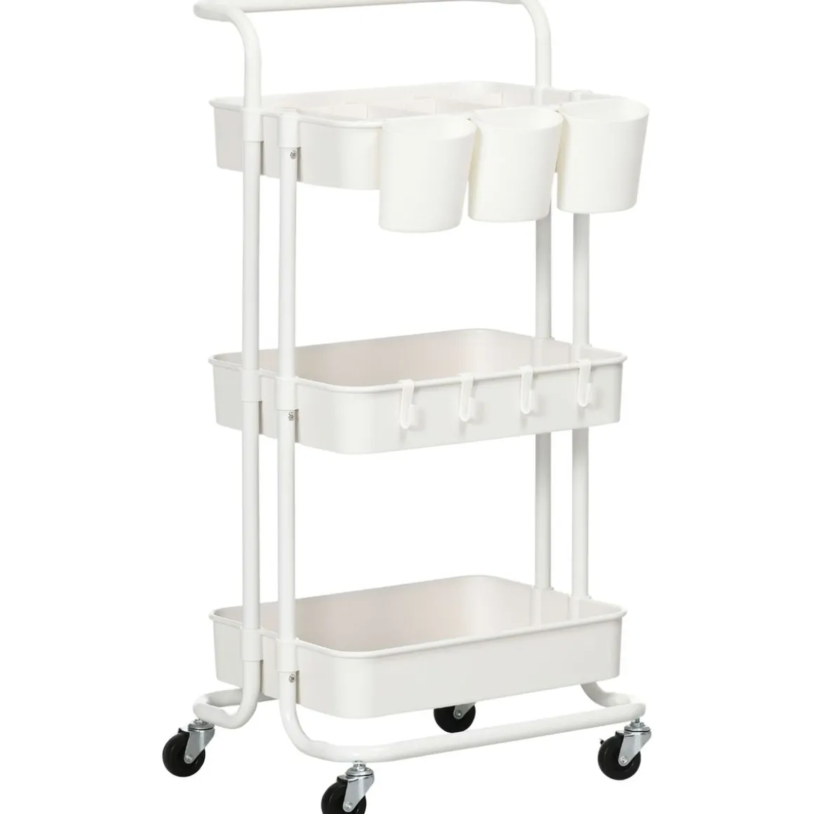 Carrito auxiliar Beany Homcom 3 niveles + ganchos y cajas colgantes blanco 86,5x42x38 cm