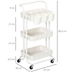 Carrito auxiliar Beany Homcom 3 niveles + ganchos y cajas colgantes blanco 86,5x42x38 cm