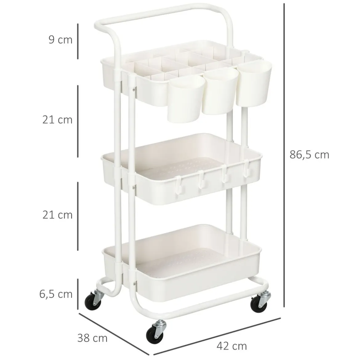 Carrito auxiliar Beany Homcom 3 niveles + ganchos y cajas colgantes blanco 86,5x42x38 cm