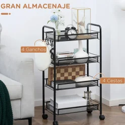 Carrito auxiliar Blum Homcom 4 niveles + ganchos + ruedas negro 84x45x26,5 cm