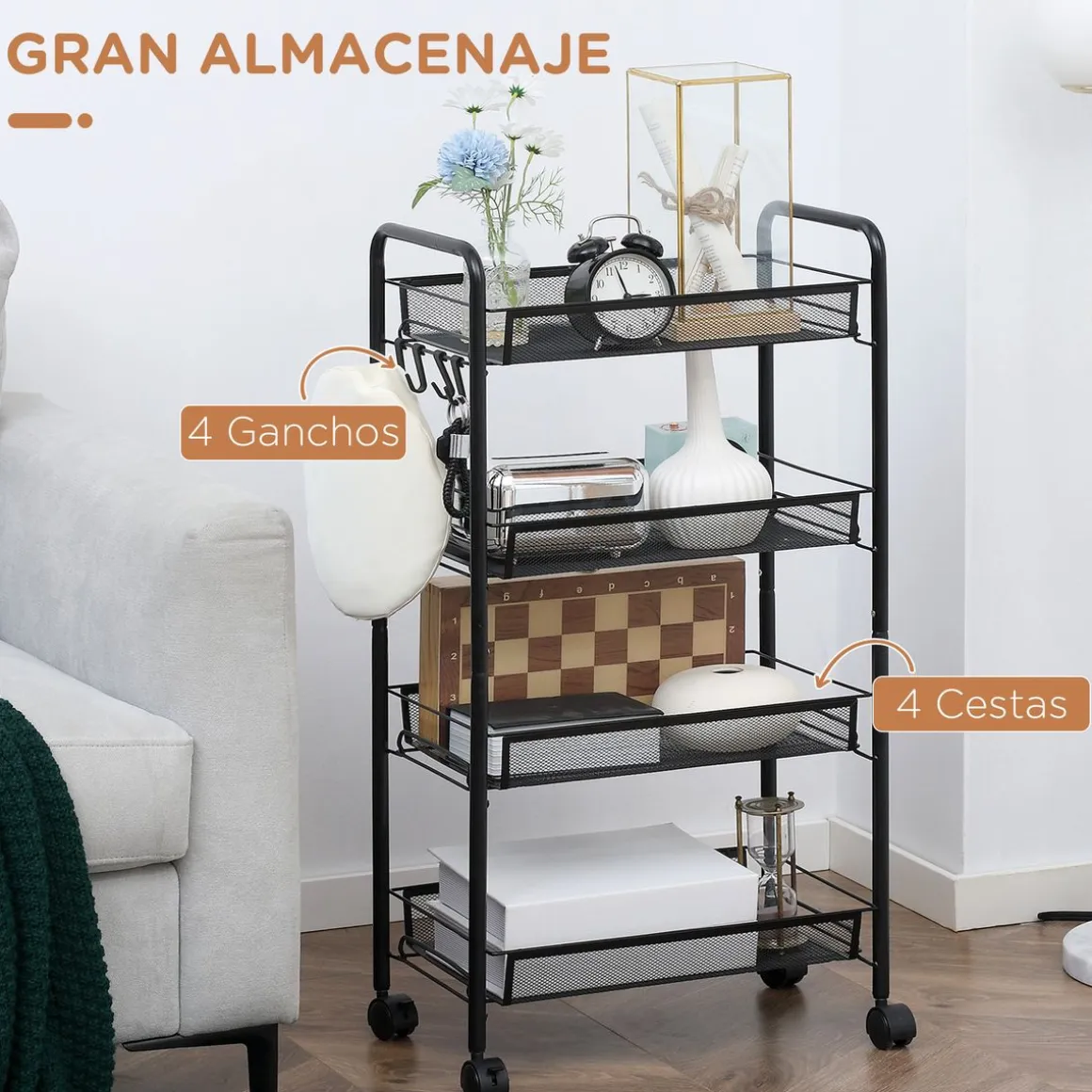 Carrito auxiliar Blum Homcom 4 niveles + ganchos + ruedas negro 84x45x26,5 cm