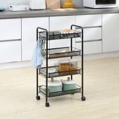 Carrito auxiliar Blum Homcom 4 niveles + ganchos + ruedas negro 84x45x26,5 cm