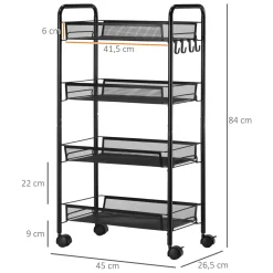 Carrito auxiliar Blum Homcom 4 niveles + ganchos + ruedas negro 84x45x26,5 cm