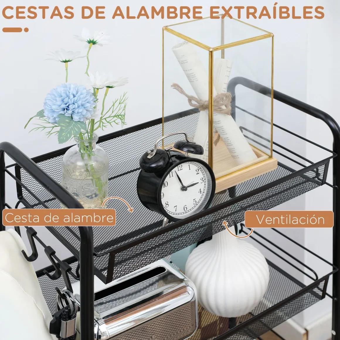 Carrito auxiliar Blum Homcom 4 niveles + ganchos + ruedas negro 84x45x26,5 cm