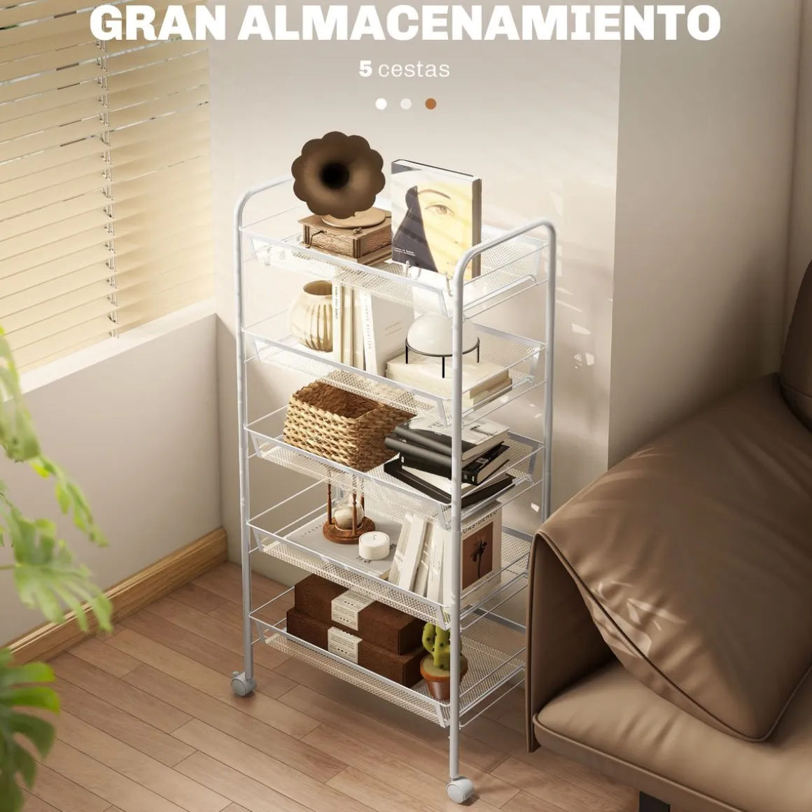 Carrito auxiliar Cenaria Homcom 5 cestas extraíbles blanco 106x45x26,5 cm