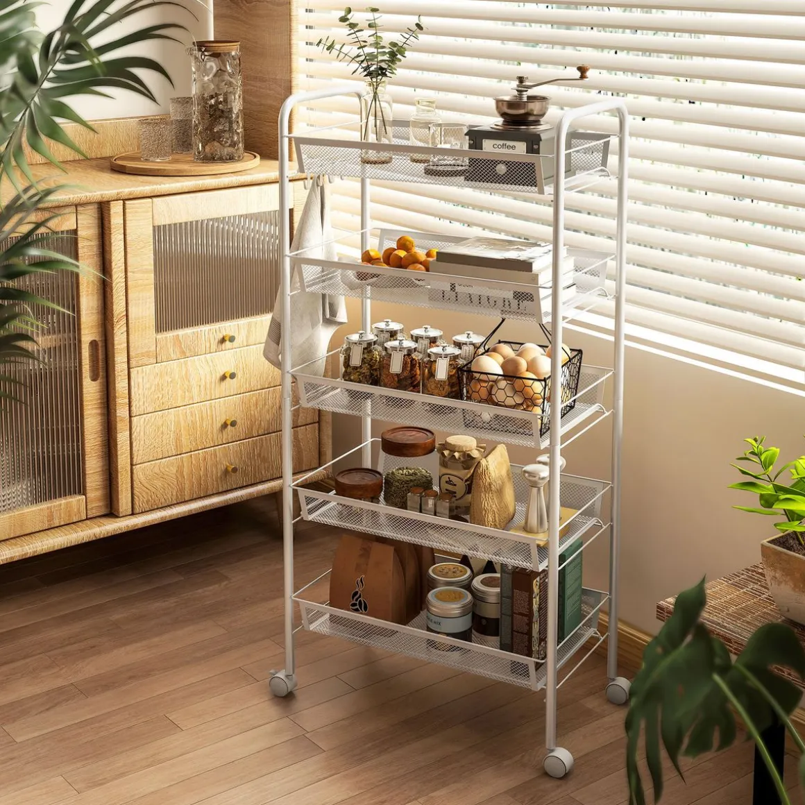 Carrito auxiliar Cenaria Homcom 5 cestas extraíbles blanco 106x45x26,5 cm