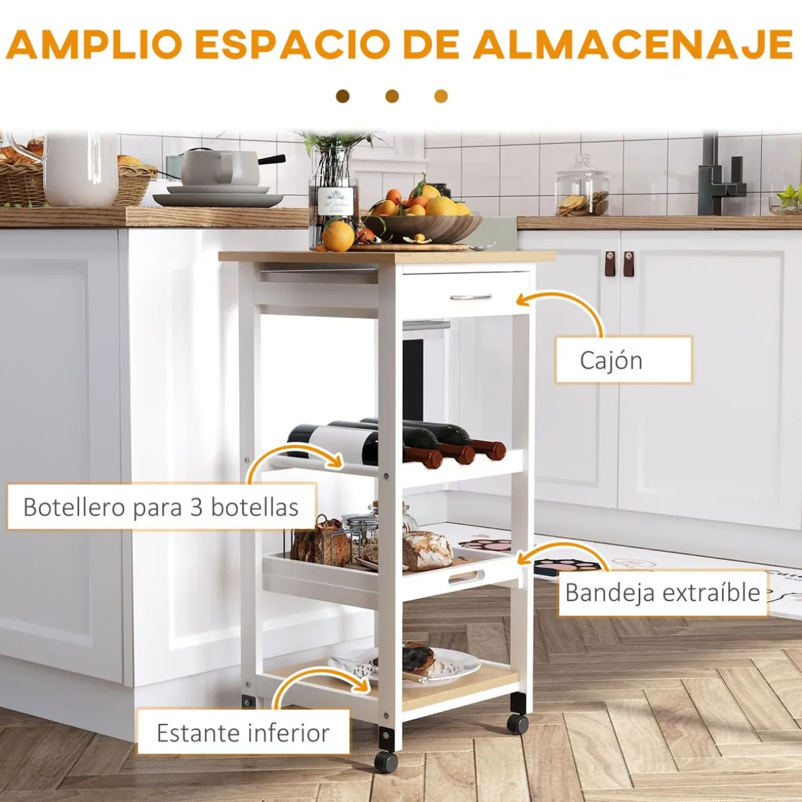 Carrito auxiliar Colibrí Homcom 4 niveles con ruedas blanco 76x37x37 cm