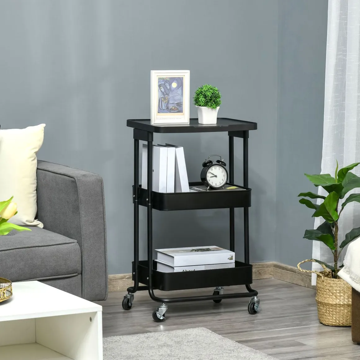 Carrito auxiliar Cosh Homcom 3 niveles negro 76,5x46x34,5 cm