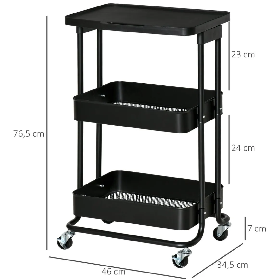 Carrito auxiliar Cosh Homcom 3 niveles negro 76,5x46x34,5 cm