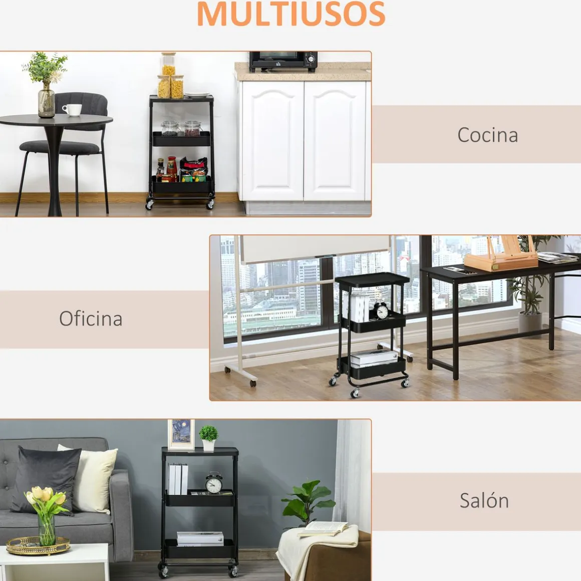 Carrito auxiliar Cosh Homcom 3 niveles negro 76,5x46x34,5 cm
