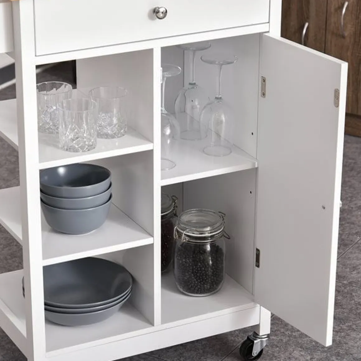 Carrito auxiliar de cocina Homcom 1 cajón+1 armario+3 estantes blanco/natural 86,5x66x39,5 cm