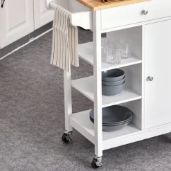Carrito auxiliar de cocina Homcom 1 cajón+1 armario+3 estantes blanco/natural 86,5x66x39,5 cm